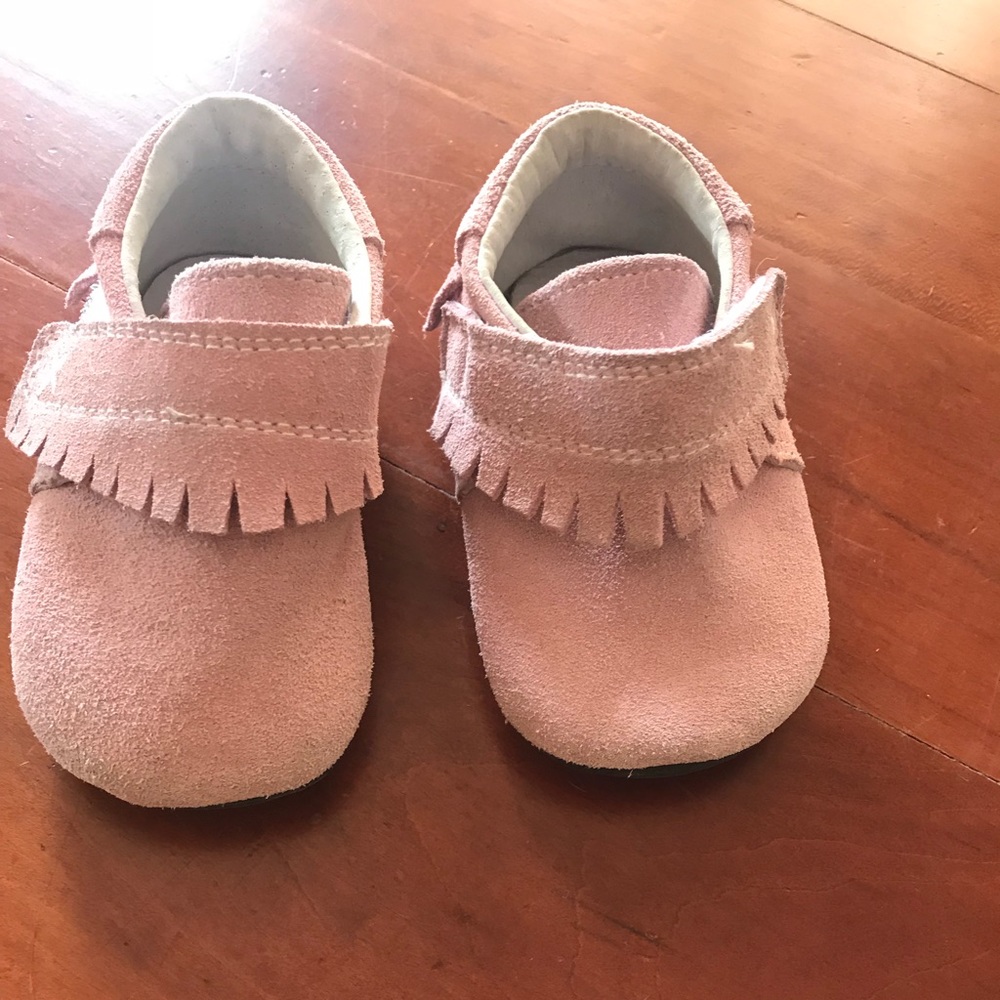 Pink suede toddler moccasins